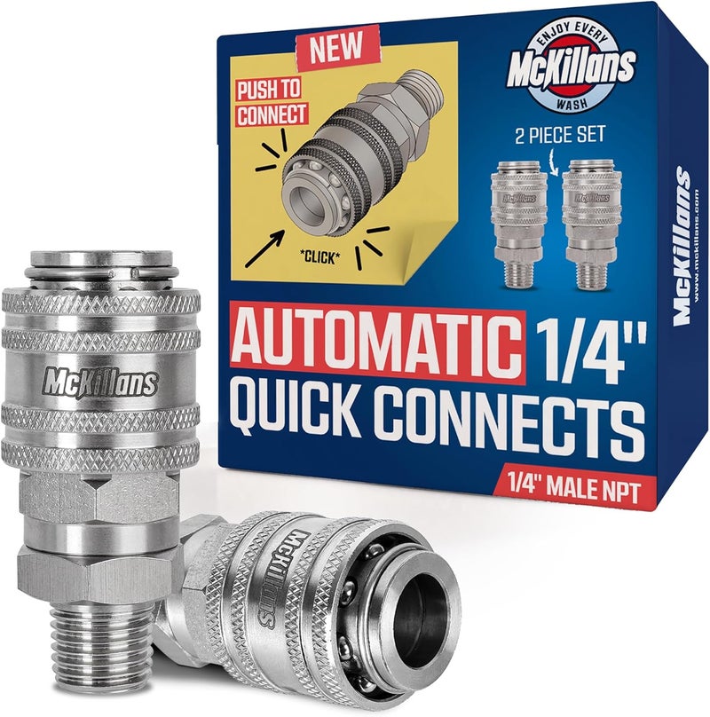 McKillans ® 1/4” Nozzle Automatic Quick Connect Fittings - Stainless Steel 1/4” NPT Male Quick Connect Couplers - Coupler for Pressure Washer Gun - Pack of 2 - Image 1